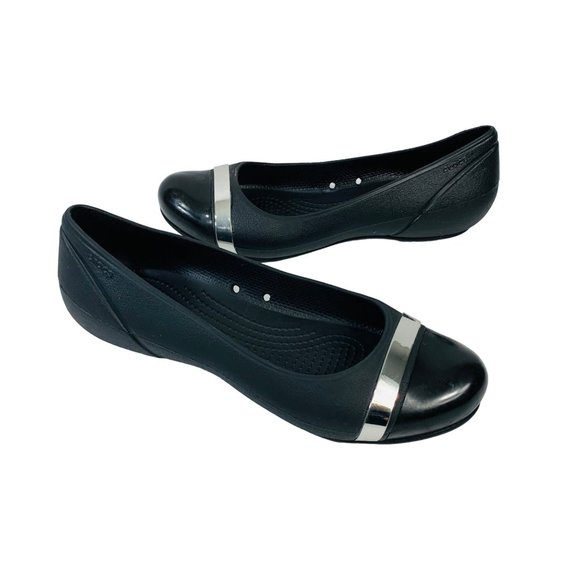 Crocs Slip On Ballet Flats Shoes Size 8 Matte Black Mirror Cap Toe Comfort - Picture 4 of 12